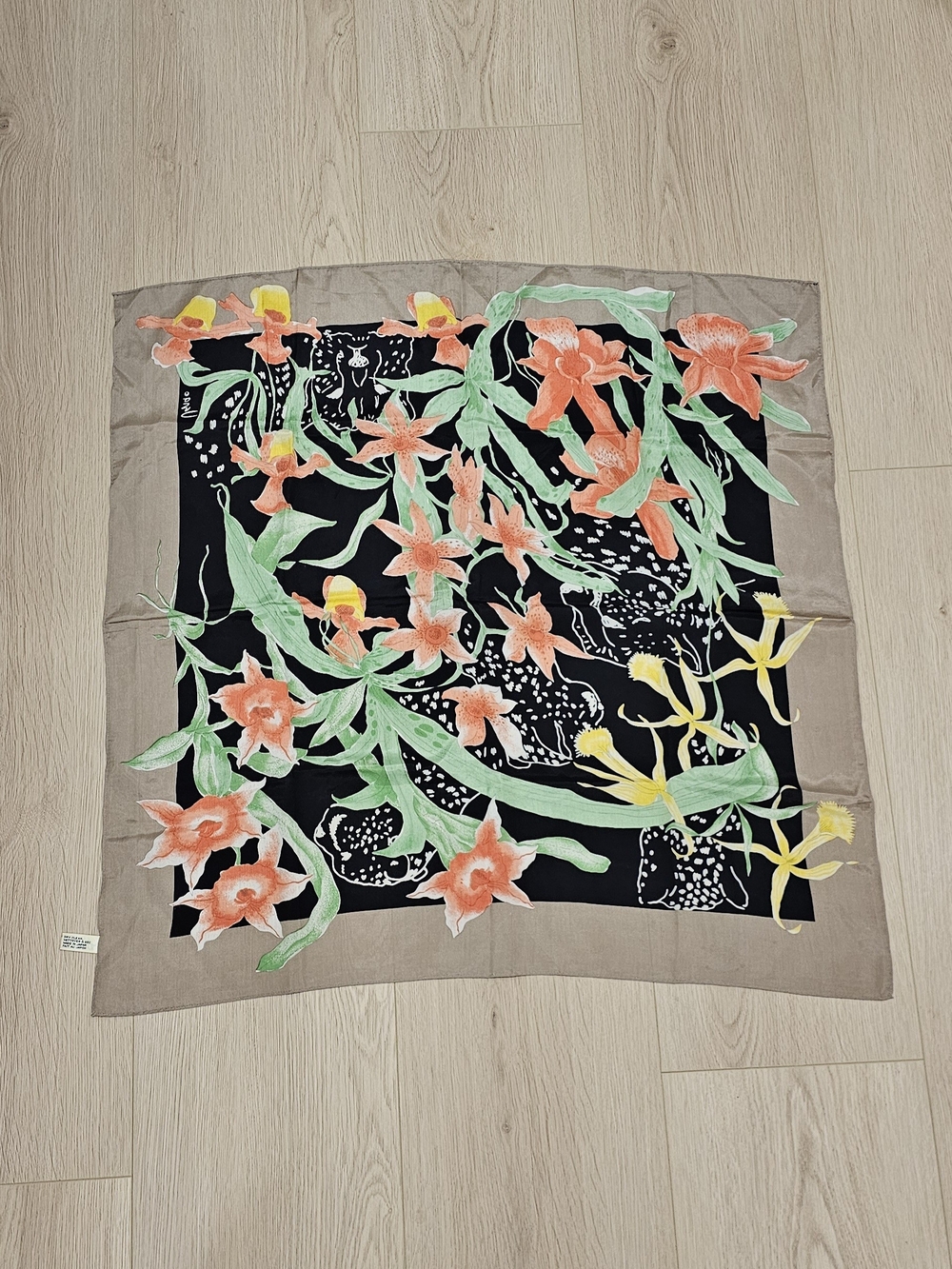 Vintage Vera Neumann Silk Scarf Orchid Floral Japan 31in Square Black Taupe